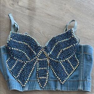 Embellished butterfly Denim Crop Top